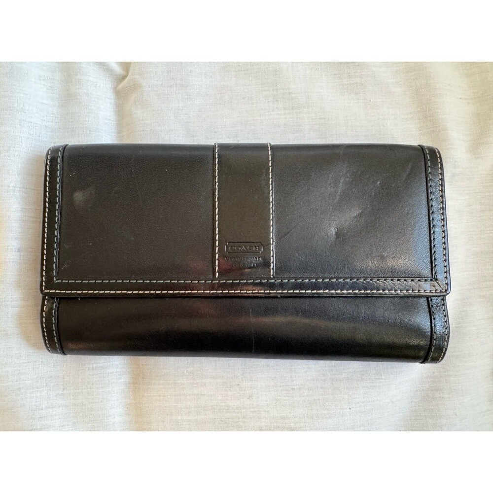 Vintage Coach Black Leather Trifold Envelope Wallet Checkbook ID Window Zipper
